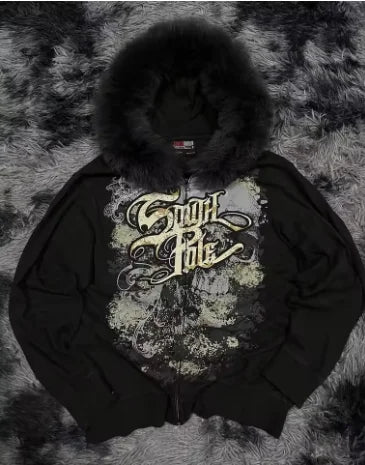 Y2K Fur collar sweatshirt Gothic Retro Pattern Super Dalian Hat Zipper Sweatshirt Trend Men Women Fashion Casual Streetwear