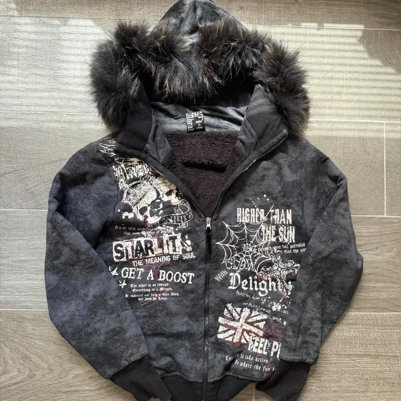 Vintage Popular New Pattern Printing Hooded Sweater Women Y2K Korean Version Tight Casual Plus Velvet Padded Joker Sports Hoodie