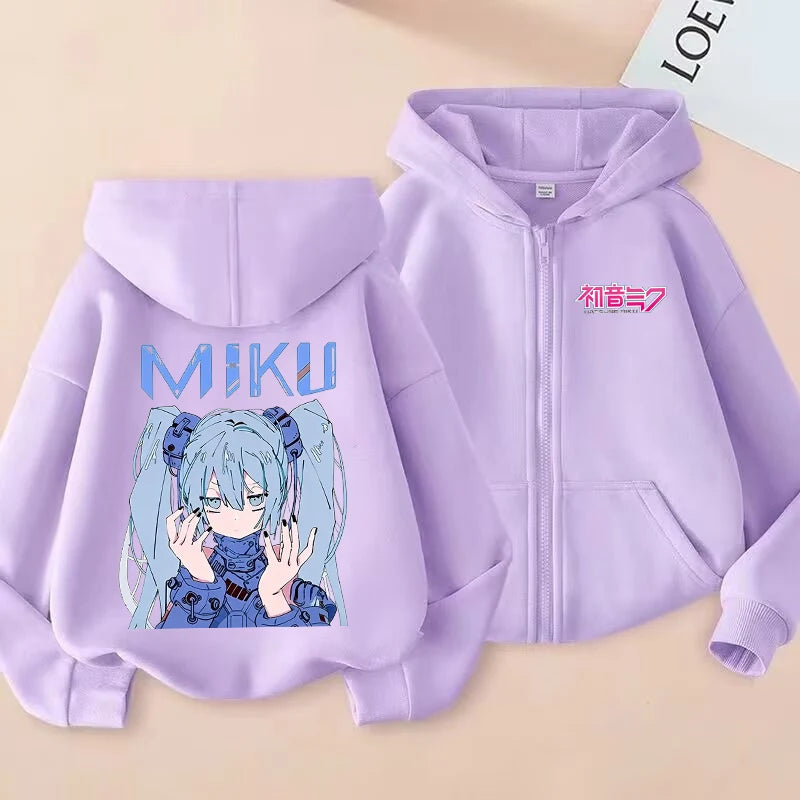 Hatsune Miku Zipper Hoodies Coat Girls Cute Hooded Cardigan Kids Spring Autumn Jacket Long Sleeves Fashion Children Clothes Gift