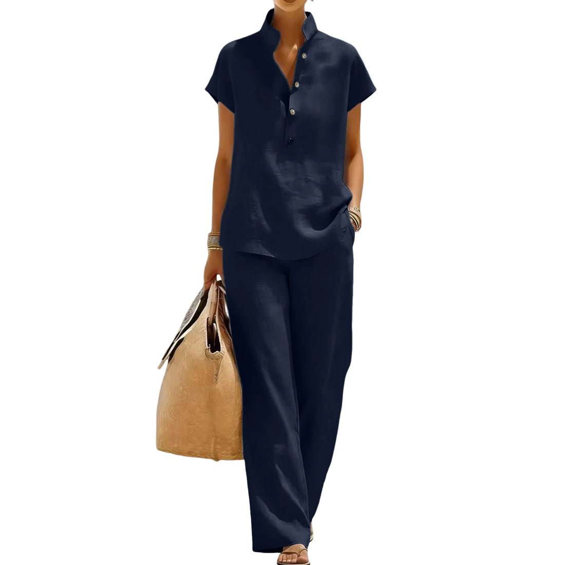 Fashion Cotton Linen Short Sleeved Women Shirt Pants Suit Spring Summer New Simple Casual Pocket Pants Female Office 2 Piece Set
