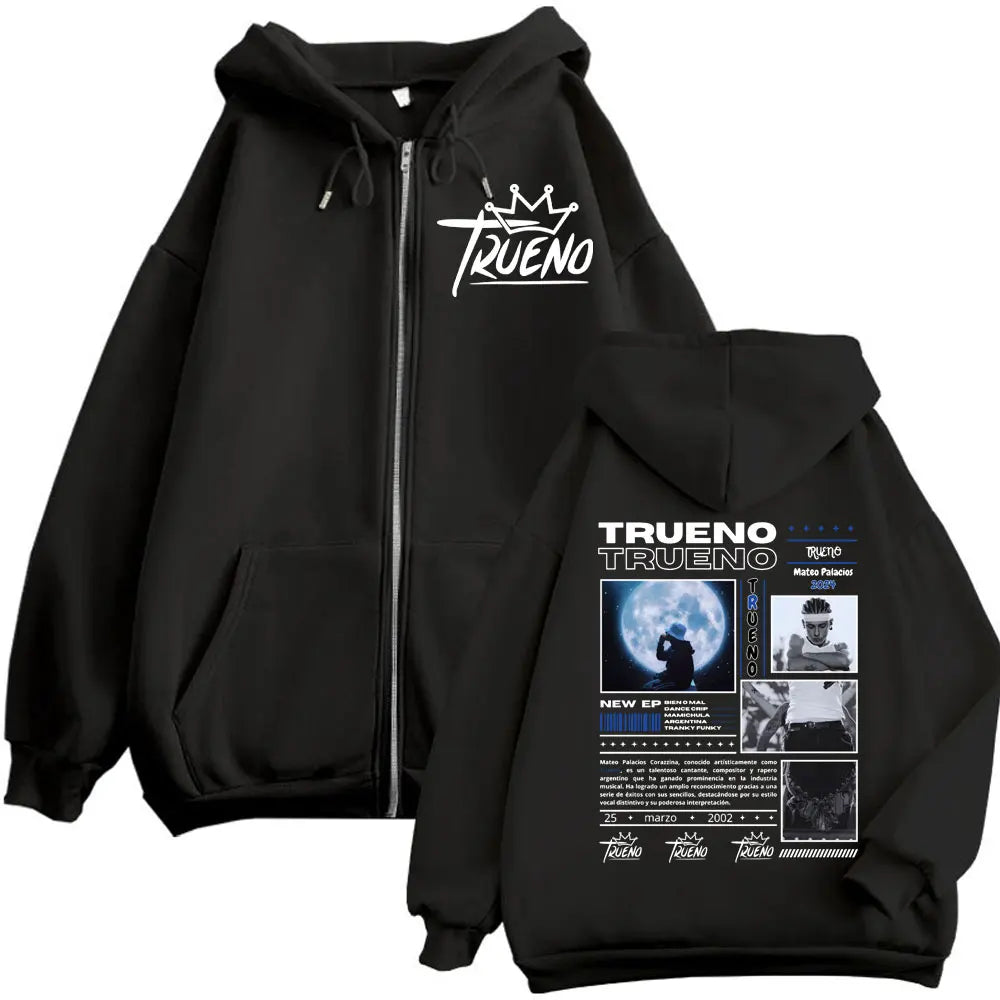 Rapper Trueno Double Sided Print Zipper Hoodie Men Women Harajuku Hip Hop Zip Up Sweatshirts Casual Fashion Oversized Pullovers