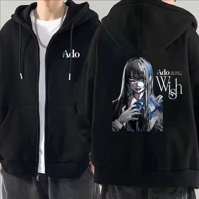 2025 Ado Graphic Printed Zipper Hoodies Autumn Winter Men Women Casual Fashion Harajuku Y2K Fleece Long Sleeve Zip-Up Hoodies