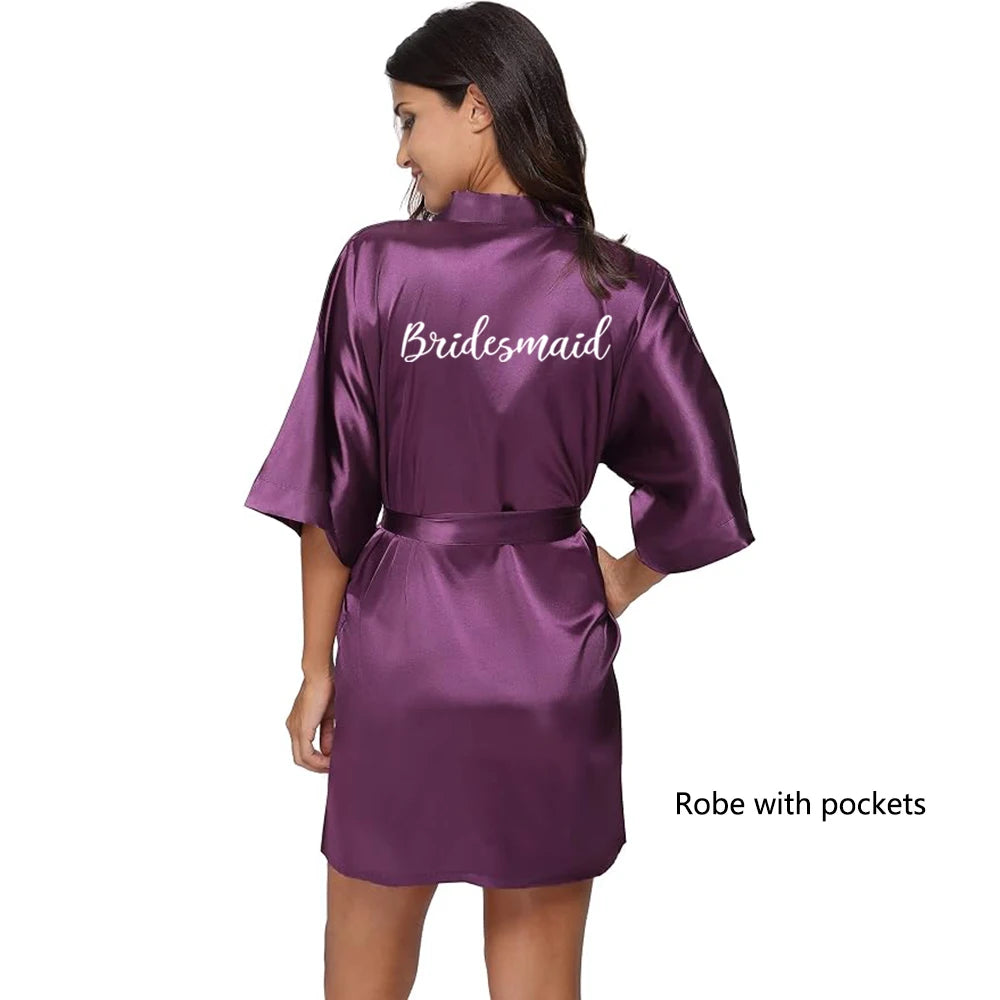 Light Blue Women's Satin Robe Short Kimono for Bride & Bridesmaid With White Letter, Wedding Party Robes
