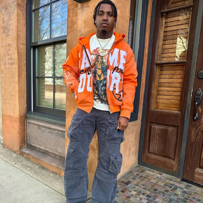 Quick Delivery Y2K Letter Sticker Printed Street Hip-Hop Style Heavyweight Hooded Sweatshirt Cardigan Design High Street Jacket