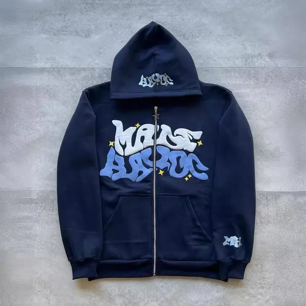 Hooded zipper hoodie with retro American-style letters, unisex, suitable for pairing with a millennial-style jacket