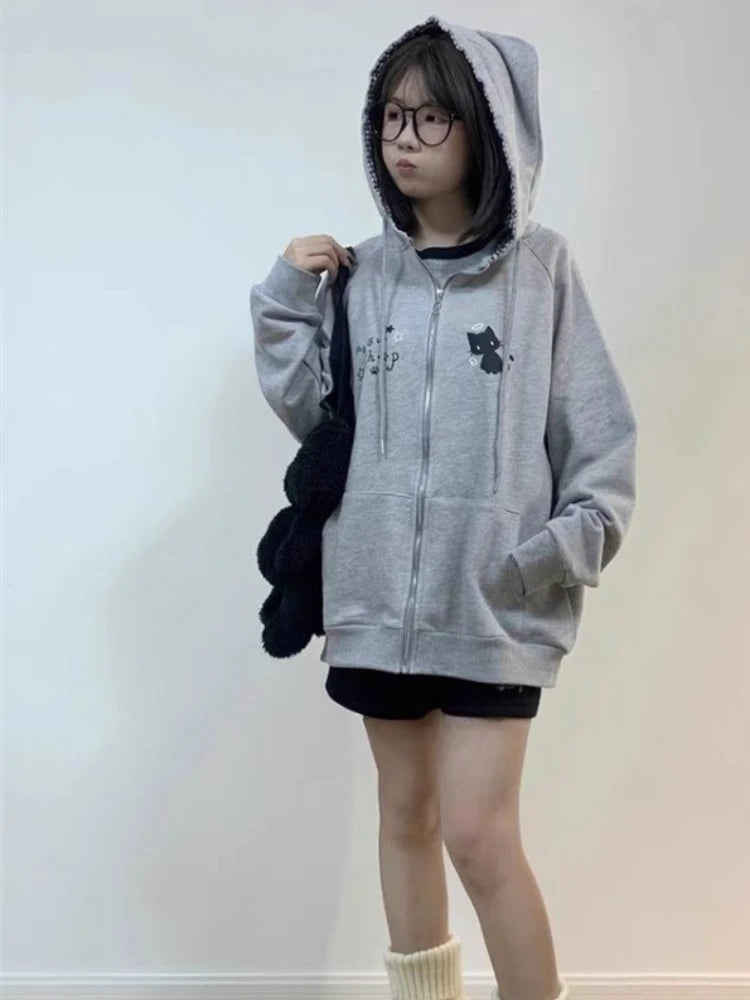 Y2k Kawaii Japanese Cartoon Long Sleeve Zipper Hooded Sweatshirts Subculture Loose Casual Hoodies Women Tops 2000s Vintage Chic