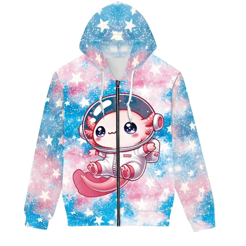 Hot Sale Cute Axolotl 3D Printed Zip Up Hoodies Men Women Outdoor Leisure Trend Sweater Graphic Hooded Sweatshirt Man Clothing