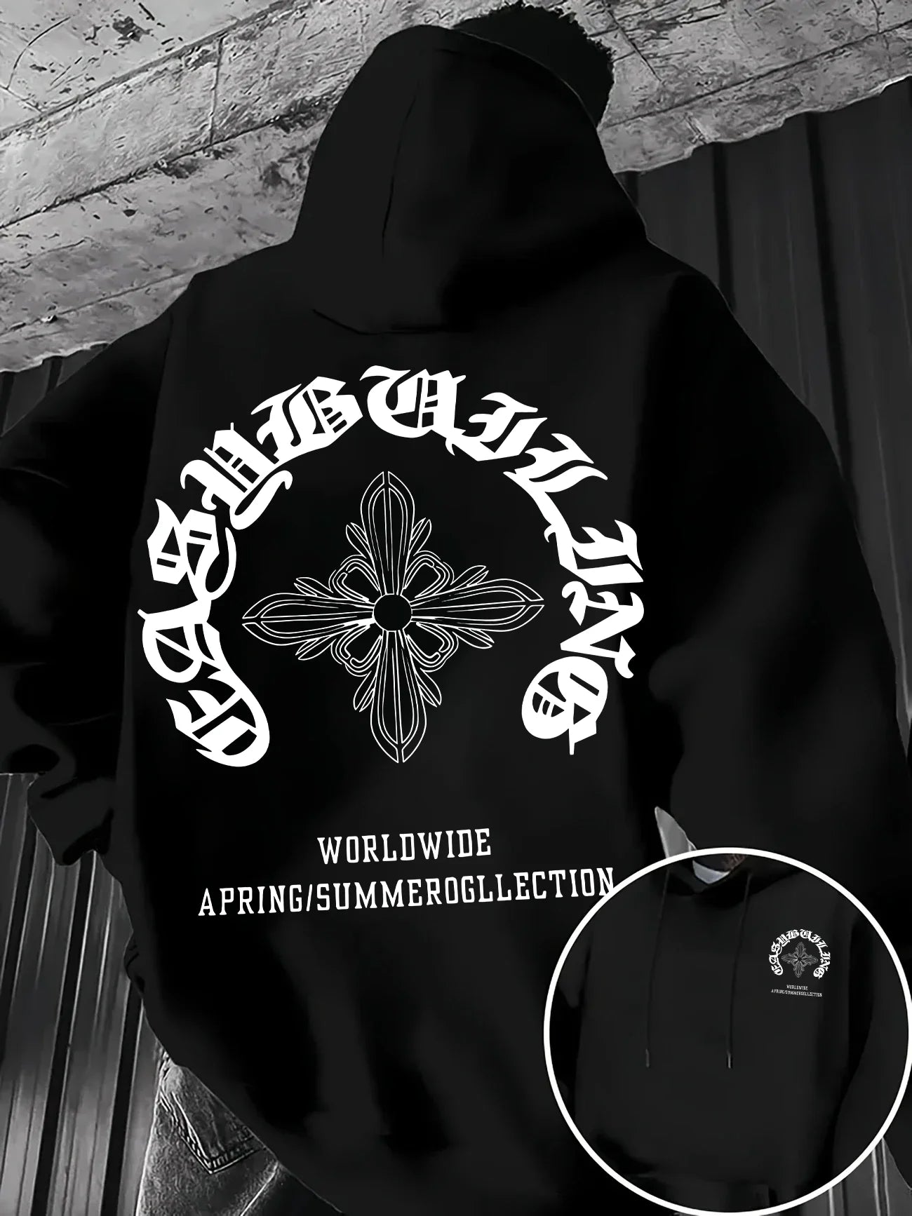 Gothic Letter Cross Pattern Men's Hoodie with Vintage Print, Loose Fit, Suitable for Autumn Winter with A Hooded Pullover Design