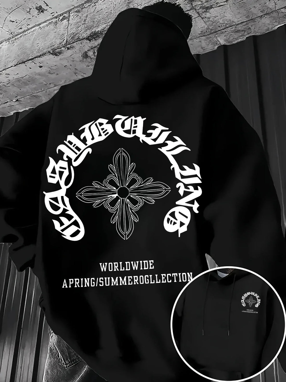 Gothic Letter Cross Pattern Men's Hoodie with Vintage Print, Loose Fit, Suitable for Autumn Winter with A Hooded Pullover Design