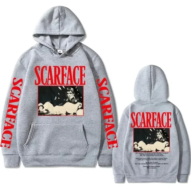Retro 90s movie Scarface star Tony Montana hoodie, street American retro trend pullover, hip-hop fashion, oversized sportswear