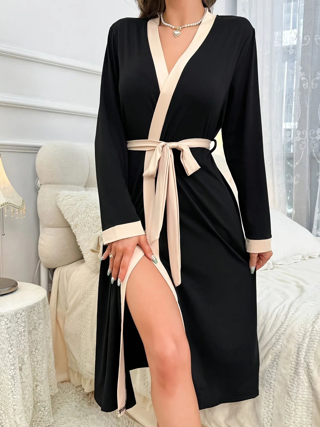 Women's new style long sleeve nightgown casual simple solid color home gown