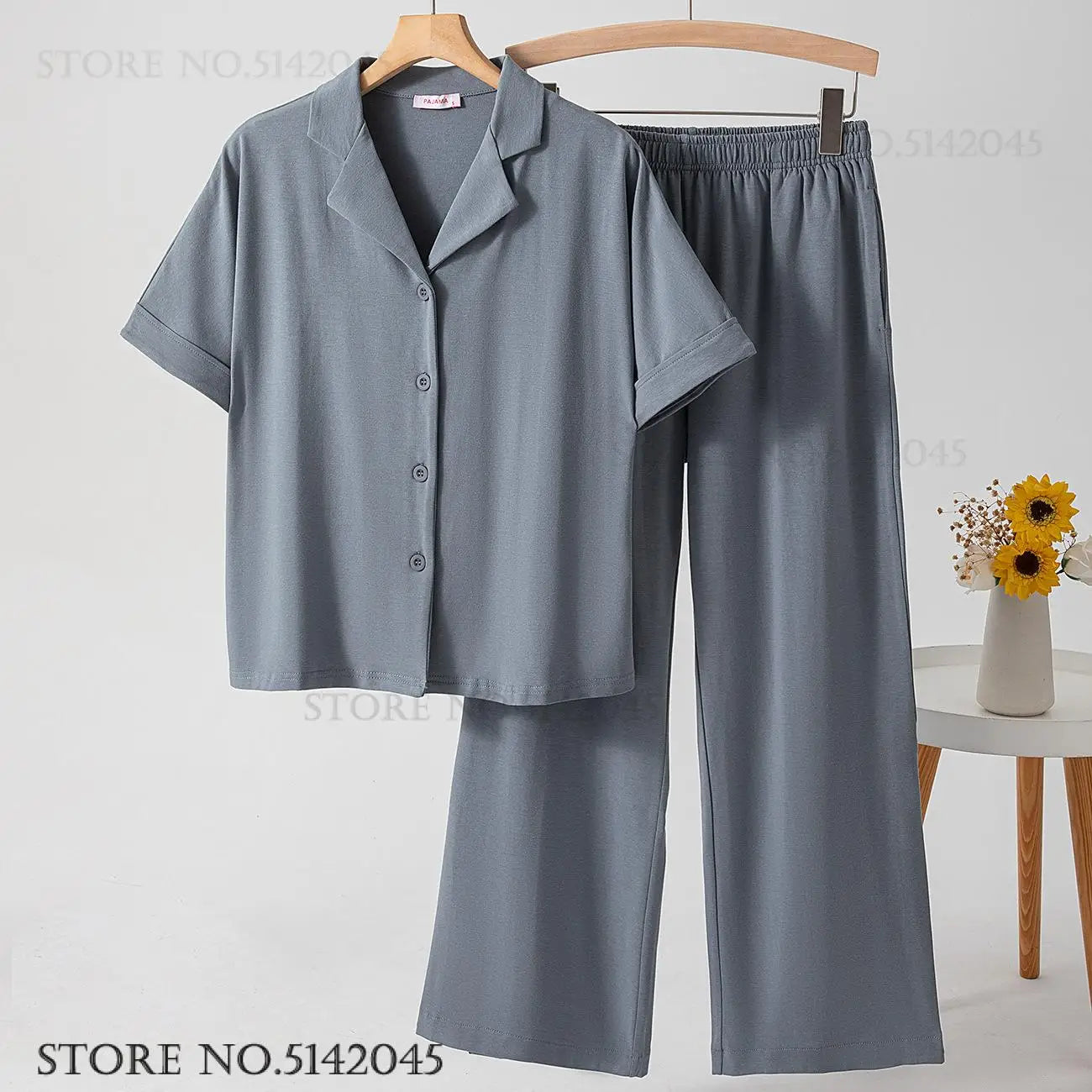 Spring Summer New 2Pcs Pajamas Set Cotton Women's Sleepwear Home Clothing Modal Short Sleeve Trouser Suit Pyjamas Lounge Wear