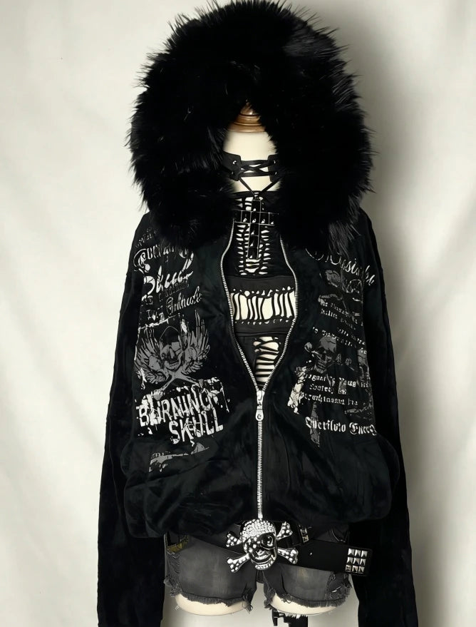 Y2K Fur collar sweatshirt Gothic Retro Pattern Super Dalian Hat Zipper Sweatshirt Trend Men Women Fashion Casual Streetwear